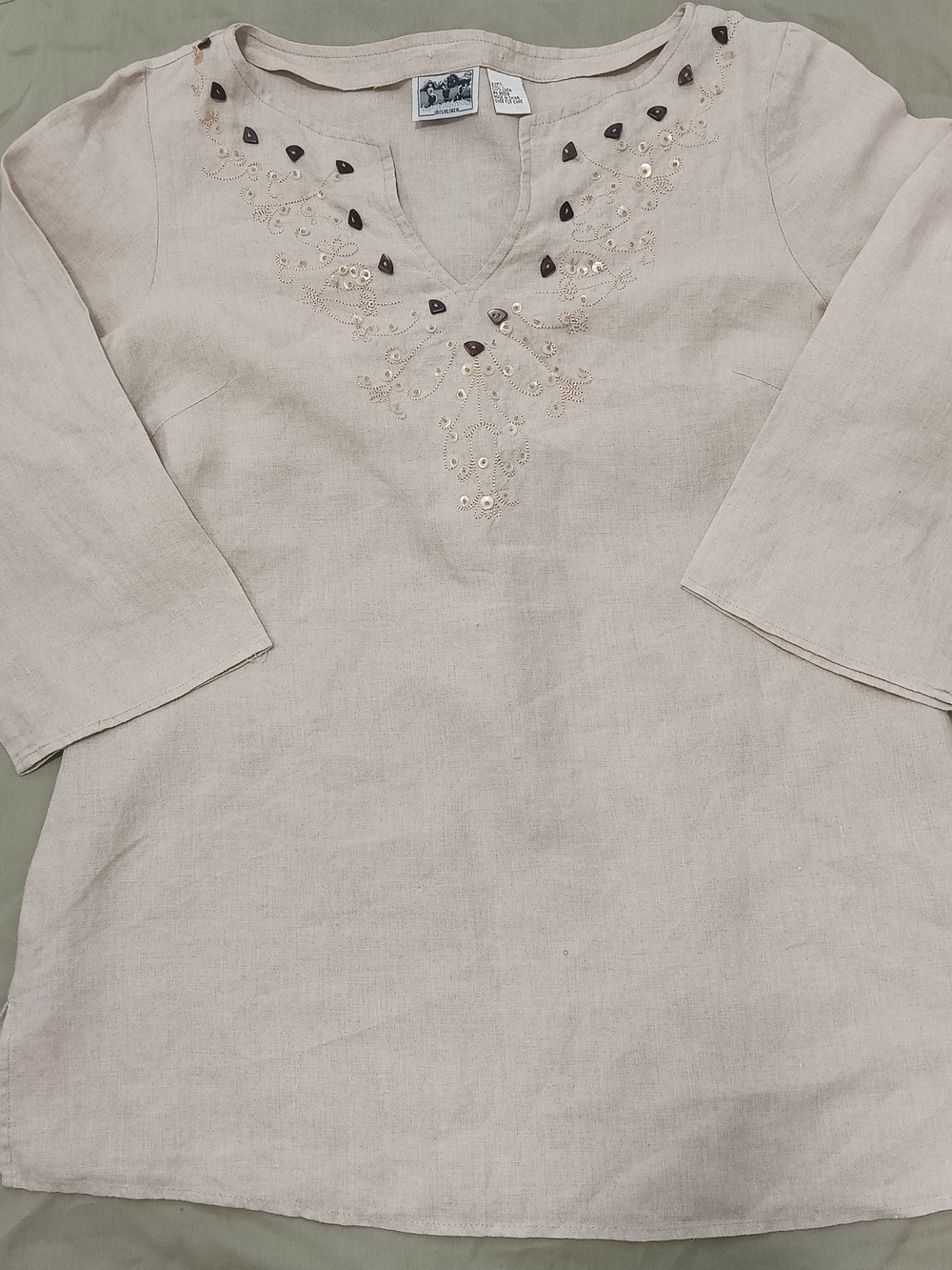 Bead Irish Linen V-Neck Tunic Lagenlook Boho Relaxed Fit 3/4 Sleeves Beige